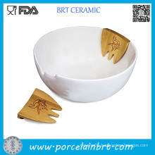 White Ceramic Salad Bowl Wihth Bamboo Severs